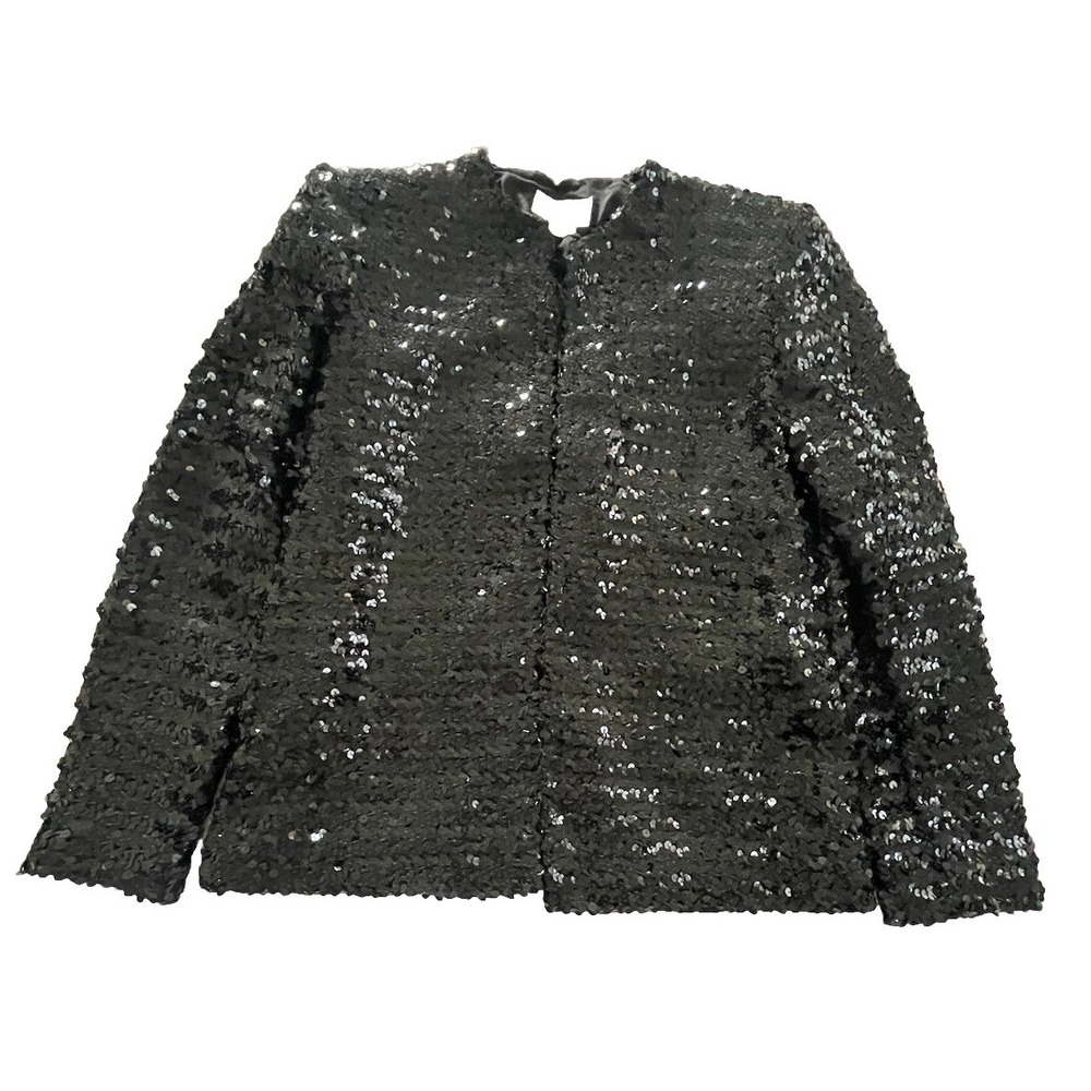 Vtg Rimini Sequined Black Blazer Open Cardigan Women Size 6 Lined